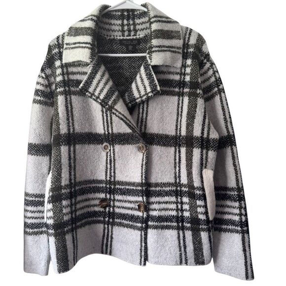 Rachel Zoe Women's Size MEDIUM Sweater Coat Jacket Black White Plaid Pockets - Picture 1 of 6